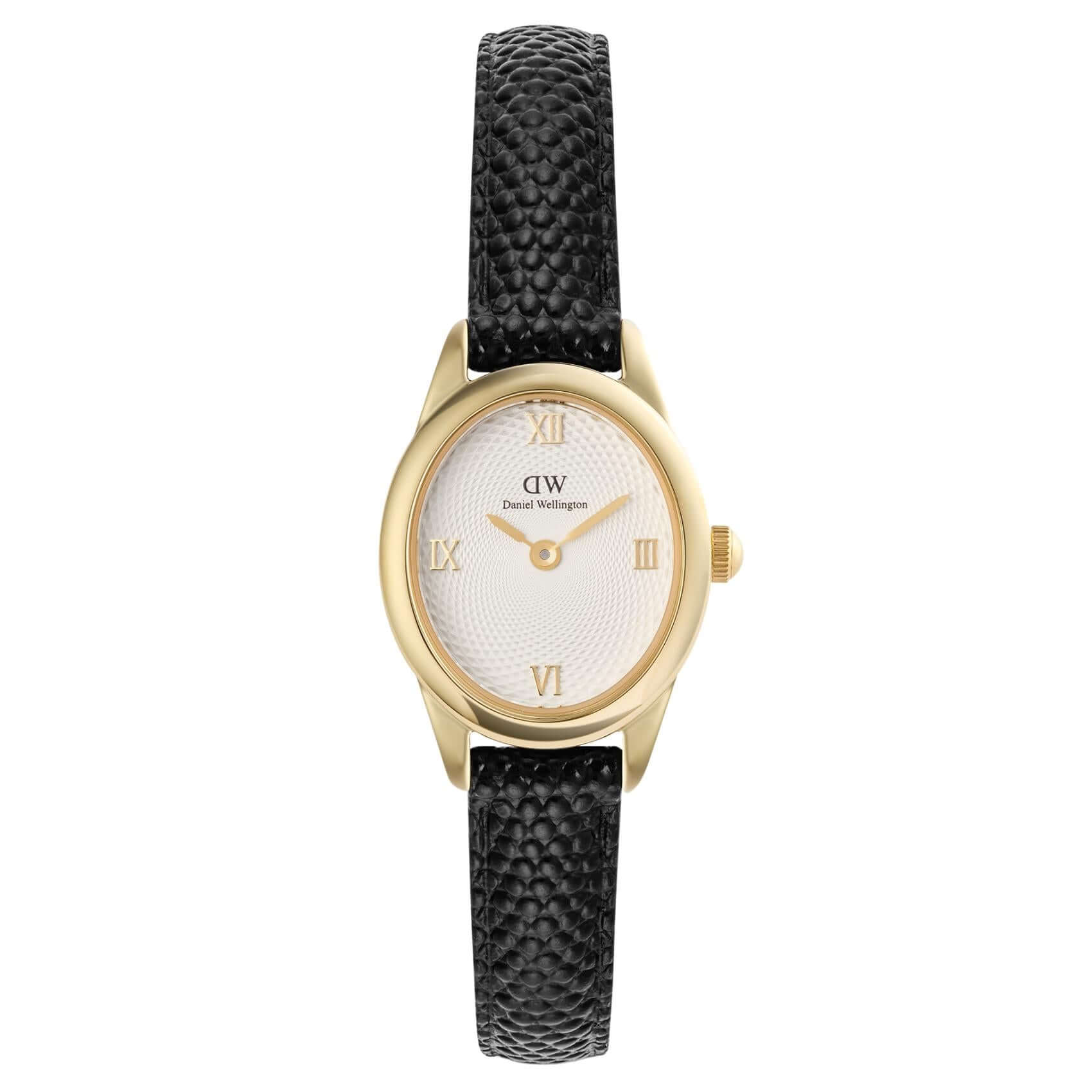 Γυναικείο ρολόι Daniel Wellington Ophelia Mini DW00100890 με μαύρο δερμάτινο λουράκι και οβάλ λευκό καντράν διαμέτρου 22mm.
