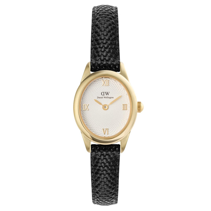 Γυναικείο ρολόι Daniel Wellington Ophelia Mini DW00100890 με μαύρο δερμάτινο λουράκι και οβάλ λευκό καντράν διαμέτρου 22mm.