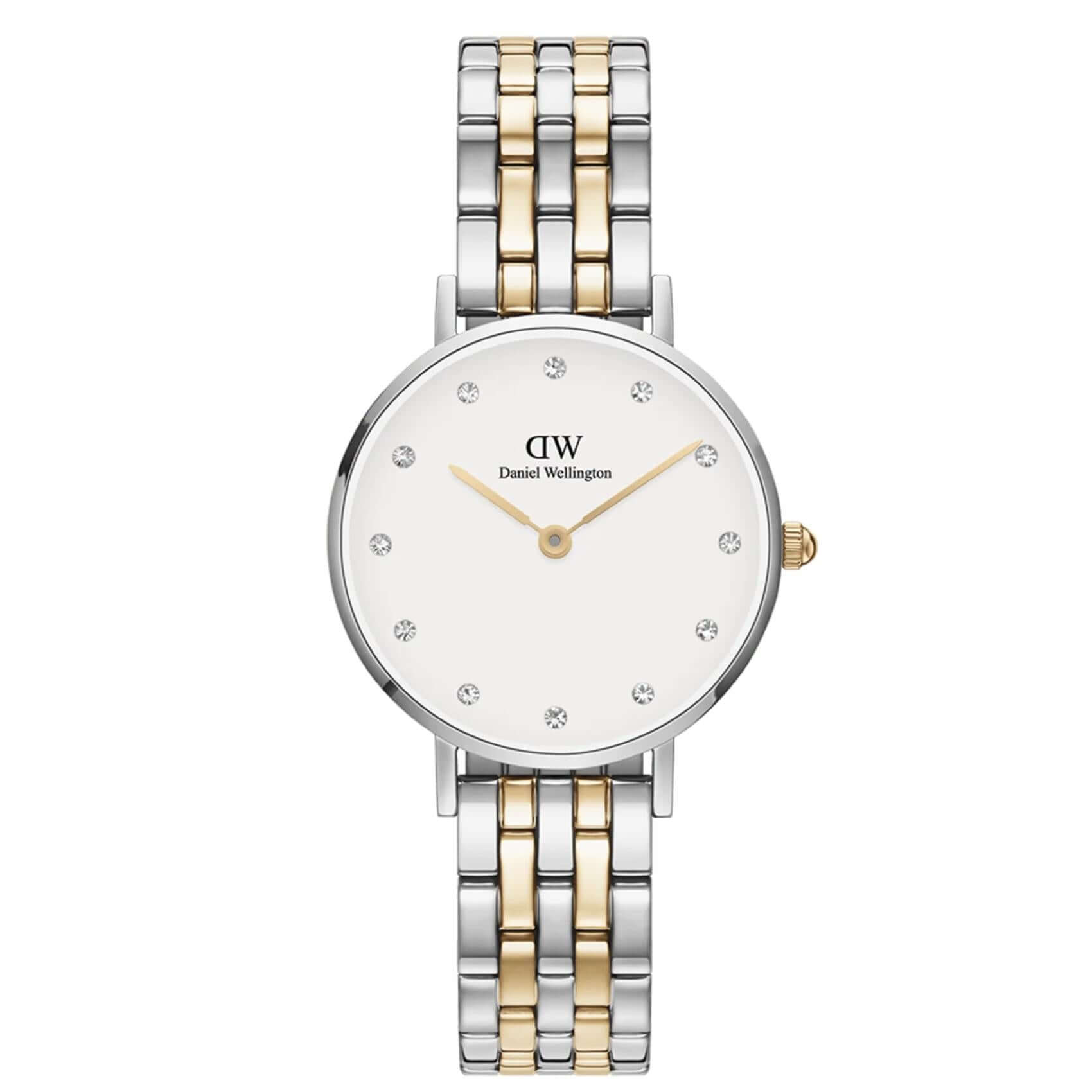 Γυναικείο ρολόι Daniel Wellington Petite Lumine DW00100616 με δίχρωμο μπρασελέ σε ασημί-χρυσό χρώμα από ανοξείδωτο ατσάλι, λευκό στρογγυλό καντράν διαμέτρου 28mm και χρυσούς δείκτες.