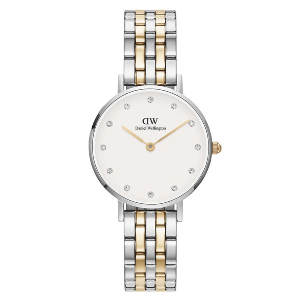 Γυναικείο ρολόι Daniel Wellington Petite Lumine DW00100616 με δίχρωμο μπρασελέ σε ασημί-χρυσό χρώμα από ανοξείδωτο ατσάλι, λευκό στρογγυλό καντράν διαμέτρου 28mm και χρυσούς δείκτες.