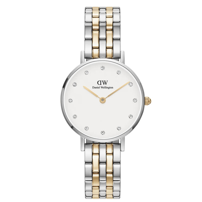 Γυναικείο ρολόι Daniel Wellington Petite Lumine DW00100616 με δίχρωμο μπρασελέ σε ασημί-χρυσό χρώμα από ανοξείδωτο ατσάλι, λευκό στρογγυλό καντράν διαμέτρου 28mm και χρυσούς δείκτες.