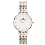 Γυναικείο ρολόι Daniel Wellington Petite Lumine DW00100616 με δίχρωμο μπρασελέ σε ασημί-χρυσό χρώμα από ανοξείδωτο ατσάλι, λευκό στρογγυλό καντράν διαμέτρου 28mm και χρυσούς δείκτες.