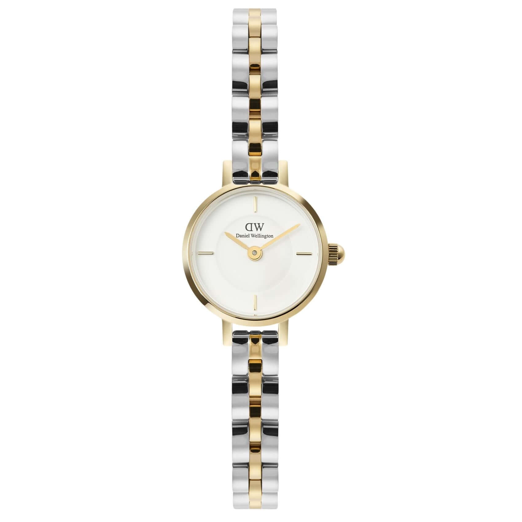 Γυναικείο ρολόι Daniel Wellington Petite Mini DW00100923 με δίχρωμο μπρασελέ σε ασημί-χρυσό χρώμα από ανοξείδωτο ατσάλι, λευκό στρογγυλό καντράν διαμέτρου 19mm και χρυσούς δείκτες.