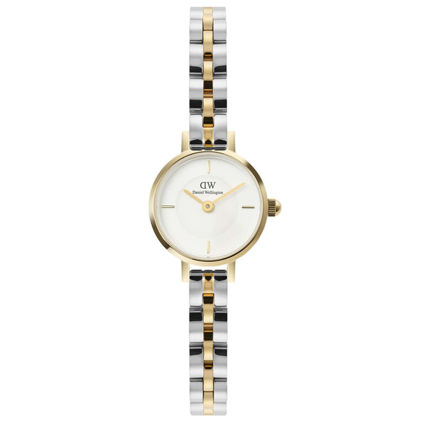 Γυναικείο ρολόι Daniel Wellington Petite Mini DW00100923 με δίχρωμο μπρασελέ σε ασημί-χρυσό χρώμα από ανοξείδωτο ατσάλι, λευκό στρογγυλό καντράν διαμέτρου 19mm και χρυσούς δείκτες.