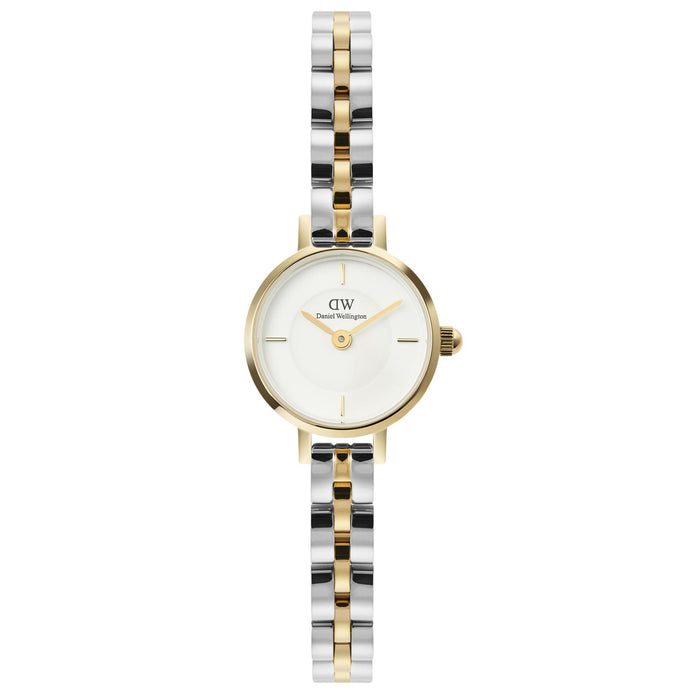 Γυναικείο ρολόι Daniel Wellington Petite Mini DW00100923 με δίχρωμο μπρασελέ σε ασημί-χρυσό χρώμα από ανοξείδωτο ατσάλι, λευκό στρογγυλό καντράν διαμέτρου 19mm και χρυσούς δείκτες.