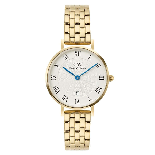 Γυναικείο ρολόι Daniel Wellington Petite Roman Numerals DW00100857 με χρυσό μπρασελέ από ανοξείδωτο ατσάλι και λευκό καντράν διαμέτρου 28mm με μπλε δείκτες.
