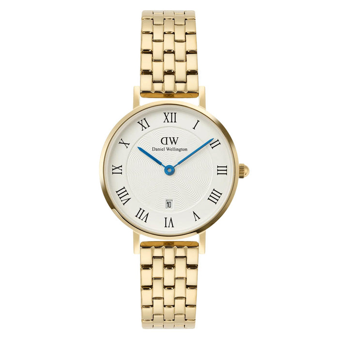 Γυναικείο ρολόι Daniel Wellington Petite Roman Numerals DW00100857 με χρυσό μπρασελέ από ανοξείδωτο ατσάλι και λευκό καντράν διαμέτρου 28mm με μπλε δείκτες.