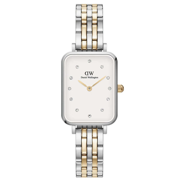 Γυναικείο ρολόι Daniel Wellington Quadro Lumine DW00100625 με δίχρωμο μπρασελέ από ανοξείδωτο ατσάλι σε ασημί και χρυσό χρώμα και λευκό τετράγωνο καντράν μεγέθους 20x26mm.