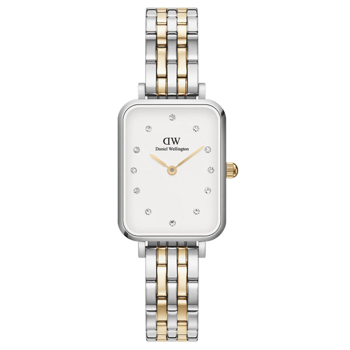 Γυναικείο ρολόι Daniel Wellington Quadro Lumine DW00100625 με δίχρωμο μπρασελέ από ανοξείδωτο ατσάλι σε ασημί και χρυσό χρώμα και λευκό τετράγωνο καντράν μεγέθους 20x26mm.