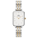 Γυναικείο ρολόι Daniel Wellington Quadro Lumine DW00100625 με δίχρωμο μπρασελέ από ανοξείδωτο ατσάλι σε ασημί και χρυσό χρώμα και λευκό τετράγωνο καντράν μεγέθους 20x26mm.