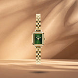 Γυναικείο ρολόι Daniel Wellington Quadro Mini Arch DW00100852 με χρυσό μπρασελέ από ανοξείδωτο ατσάλι και πράσινο σμαραγδί καντράν μεγέθους 15x18mm.