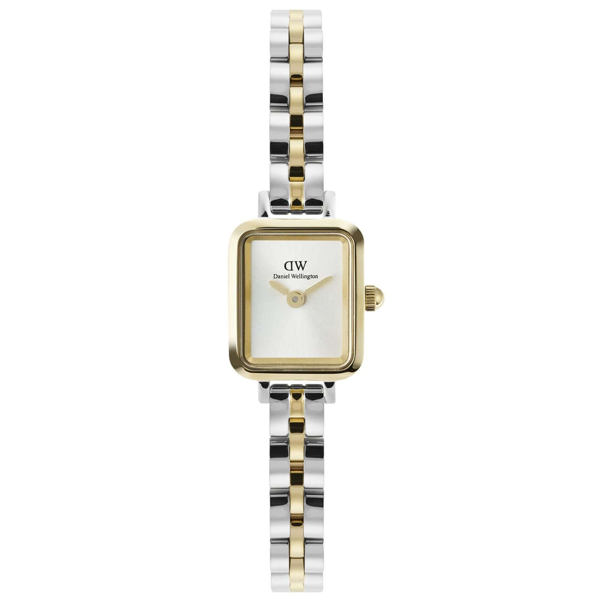 Γυναικείο ρολόι Daniel Wellington Quadro Mini DW00100925 με δίχρωμο μπρασελέ σε ασημί-χρυσό χρώμα από ανοξείδωτο ατσάλι, λευκό τετράγωνο καντράν μεγέθους 15.4x18.2mm και χρυσούς δείκτες.