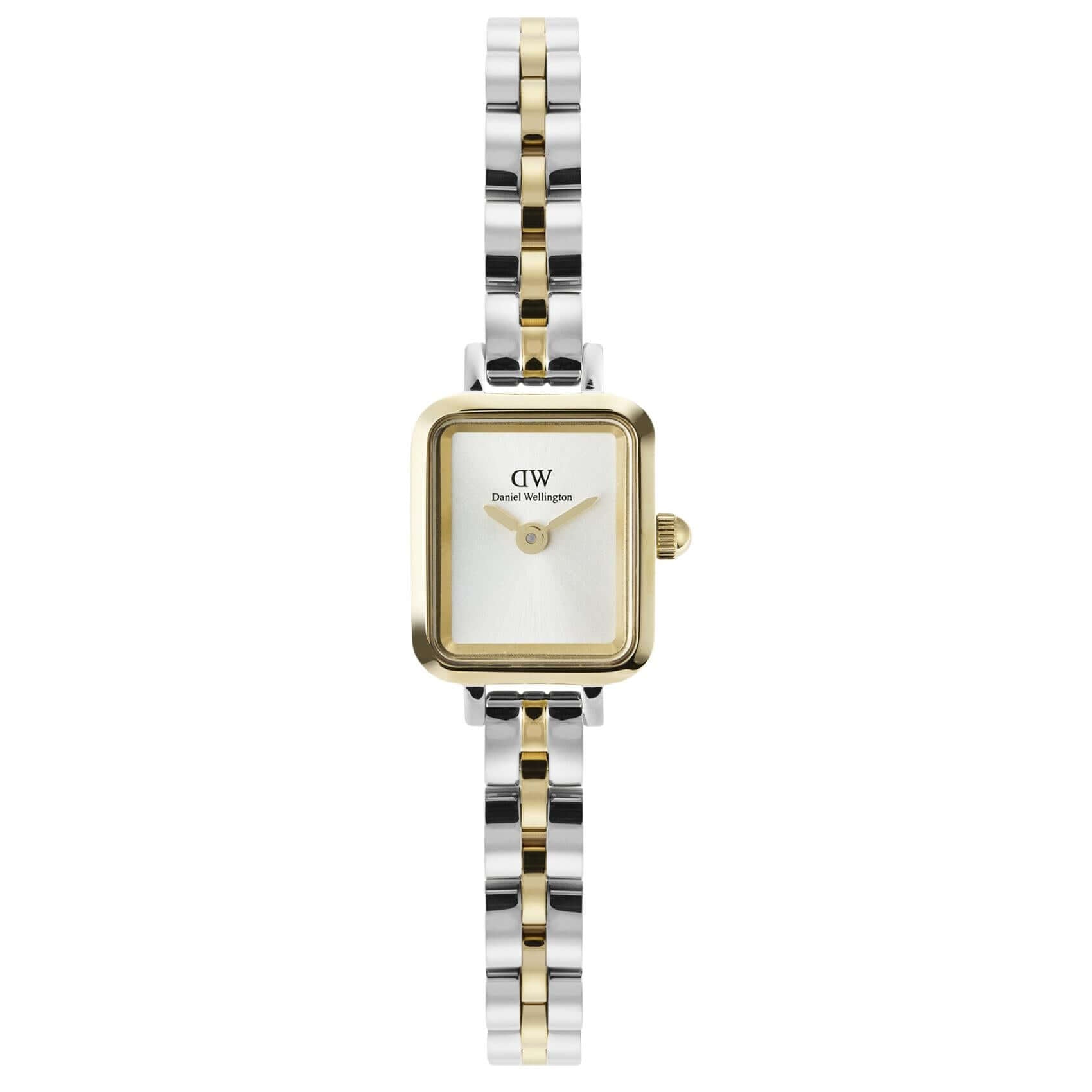 Γυναικείο ρολόι Daniel Wellington Quadro Mini DW00100925 με δίχρωμο μπρασελέ σε ασημί-χρυσό χρώμα από ανοξείδωτο ατσάλι, λευκό τετράγωνο καντράν μεγέθους 15.4x18.2mm και χρυσούς δείκτες.