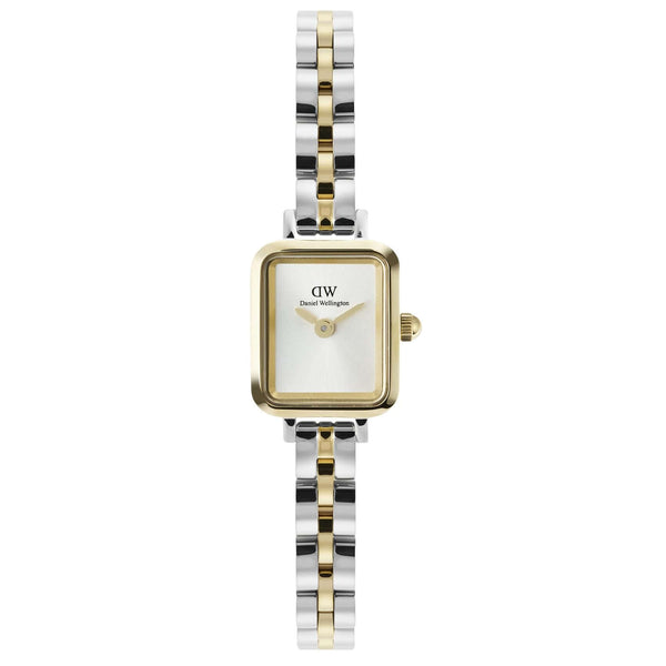 Γυναικείο ρολόι Daniel Wellington Quadro Mini DW00100925 με δίχρωμο μπρασελέ σε ασημί-χρυσό χρώμα από ανοξείδωτο ατσάλι, λευκό τετράγωνο καντράν μεγέθους 15.4x18.2mm και χρυσούς δείκτες.
