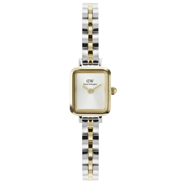 Γυναικείο ρολόι Daniel Wellington Quadro Mini DW00100925 με δίχρωμο μπρασελέ σε ασημί-χρυσό χρώμα από ανοξείδωτο ατσάλι, λευκό τετράγωνο καντράν μεγέθους 15.4x18.2mm και χρυσούς δείκτες.