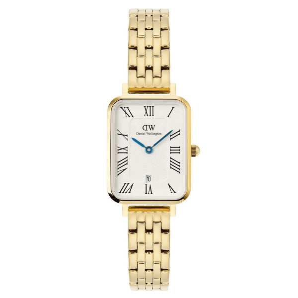 Γυναικείο ρολόι Daniel Wellington Quadro Roman Numerals DW00100861 με χρυσό μπρασελέ από ανοξείδωτο ατσάλι και λευκό καντράν με μπλε δείκτες μεγέθους 20x26mm.