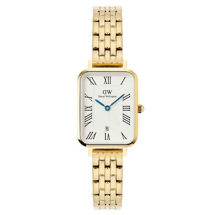 Γυναικείο ρολόι Daniel Wellington Quadro Roman Numerals DW00100861 με χρυσό μπρασελέ από ανοξείδωτο ατσάλι και λευκό καντράν με μπλε δείκτες μεγέθους 20x26mm.
