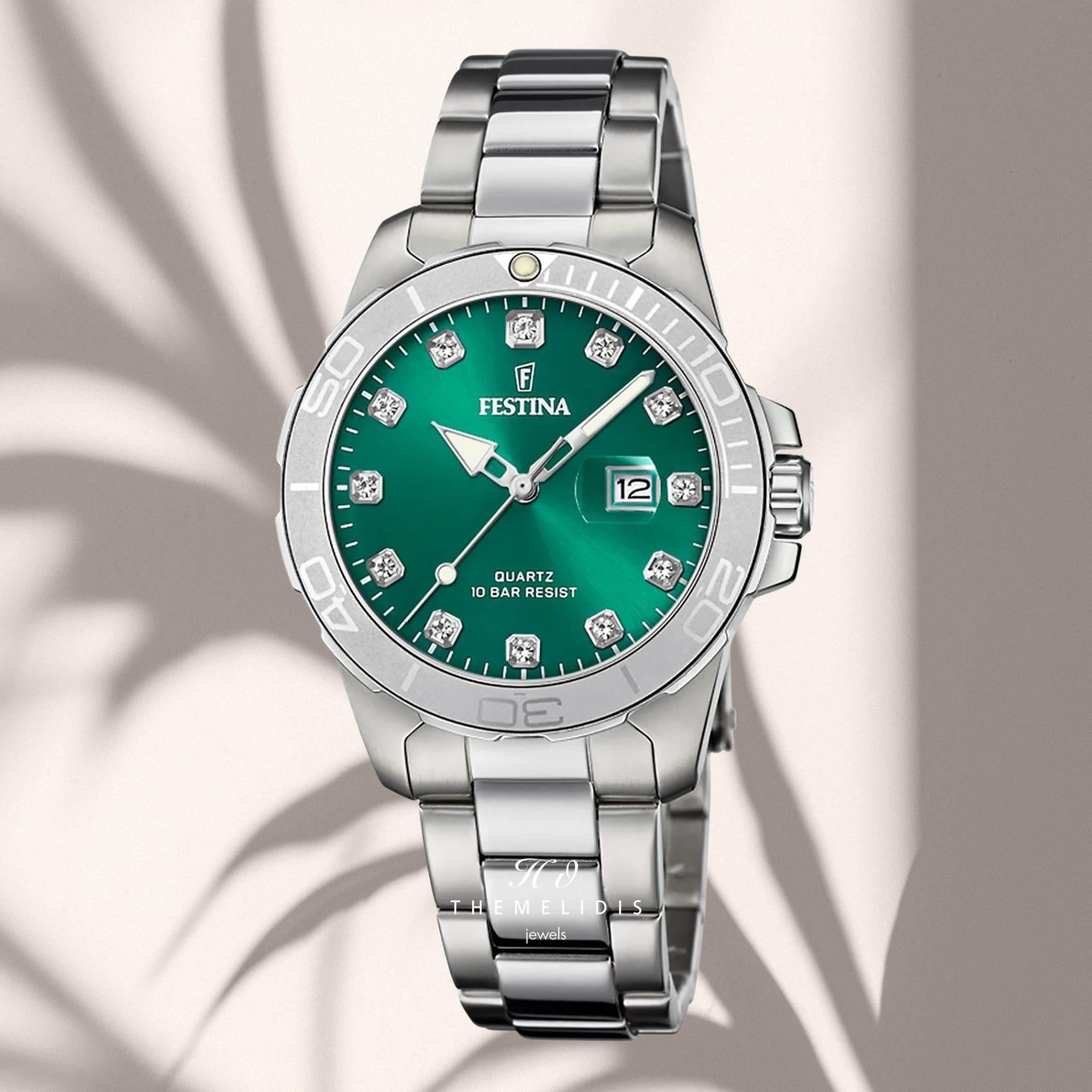 Γυναικείο ρολόι Festina Boyfriend F20503/7 με ασημί ατσάλι και πράσινο καντράν