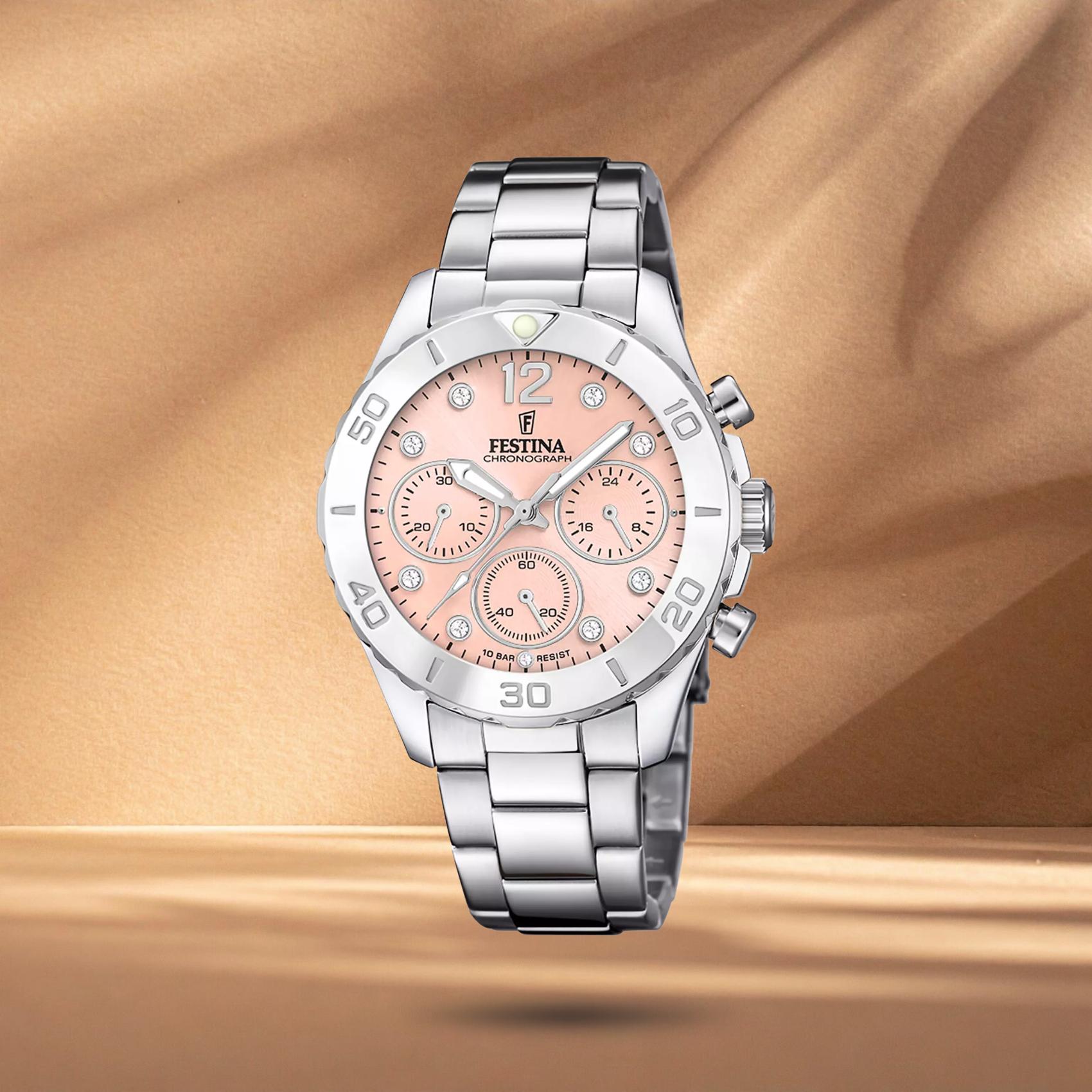 Γυναικείο ρολόι Festina Boyfriend F20603/7 με ασημί μπρασελέ, ροζ καντράν 39mm, χρονογράφος