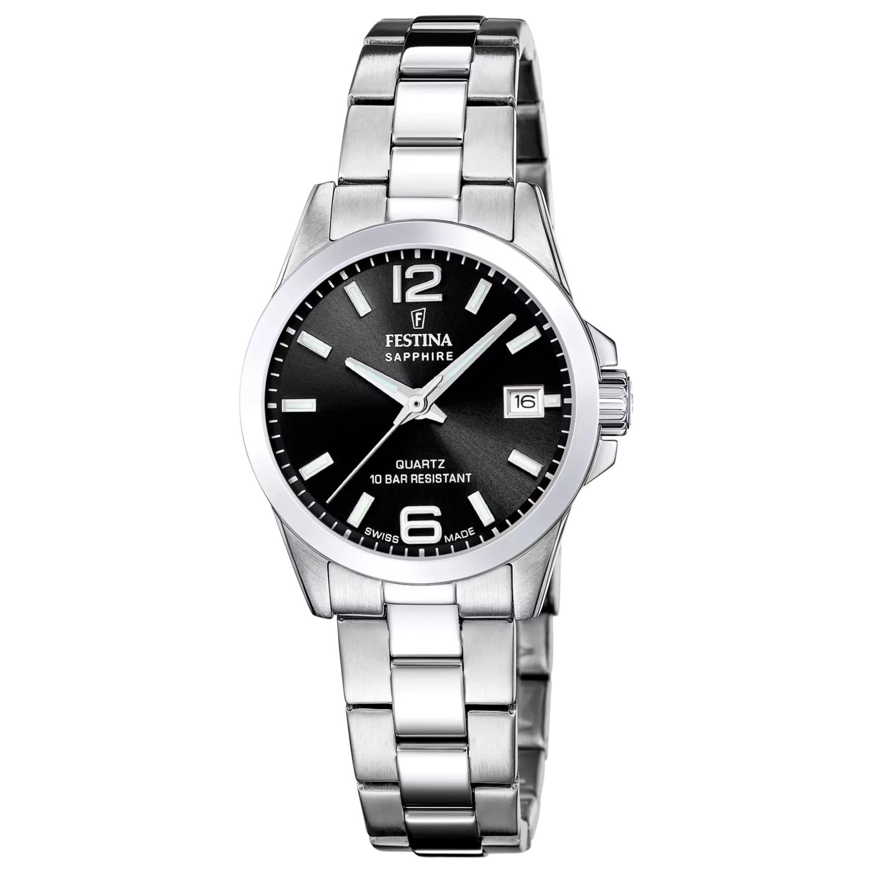 Γυναικείο ρολόι Festina Classics F20049/6 με ασημί μπρασελέ και μαύρο καντράν
