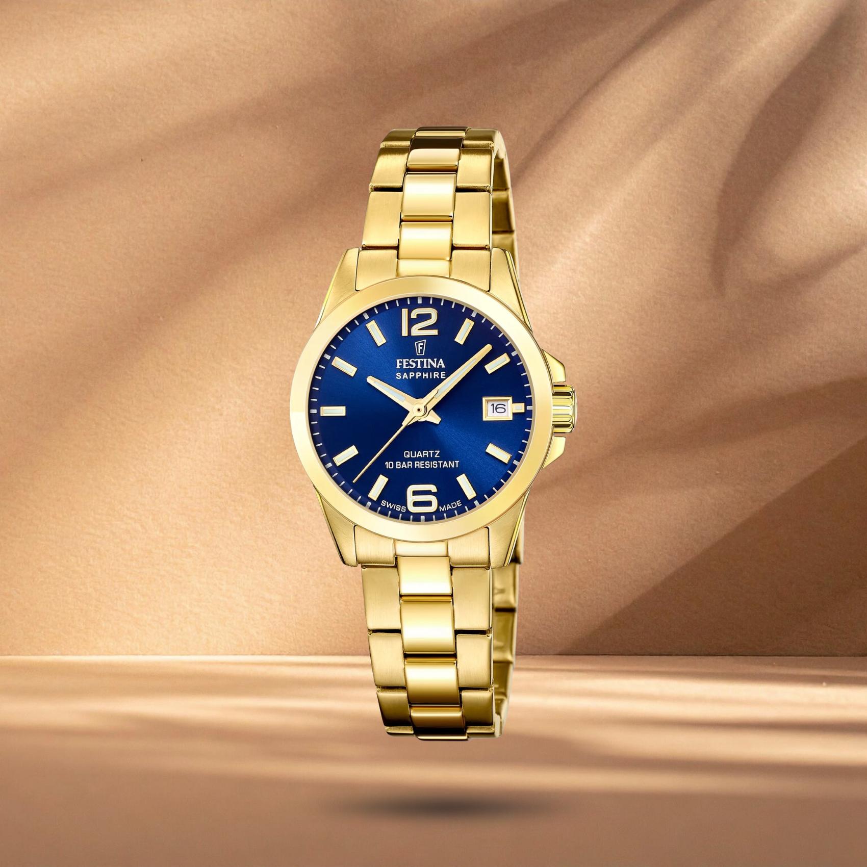 Γυναικείο ρολόι Festina Classics F20050/3 με χρυσό μπρασελέ, μπλε καντράν 29.5mm, ένδειξη ημερομηνίας