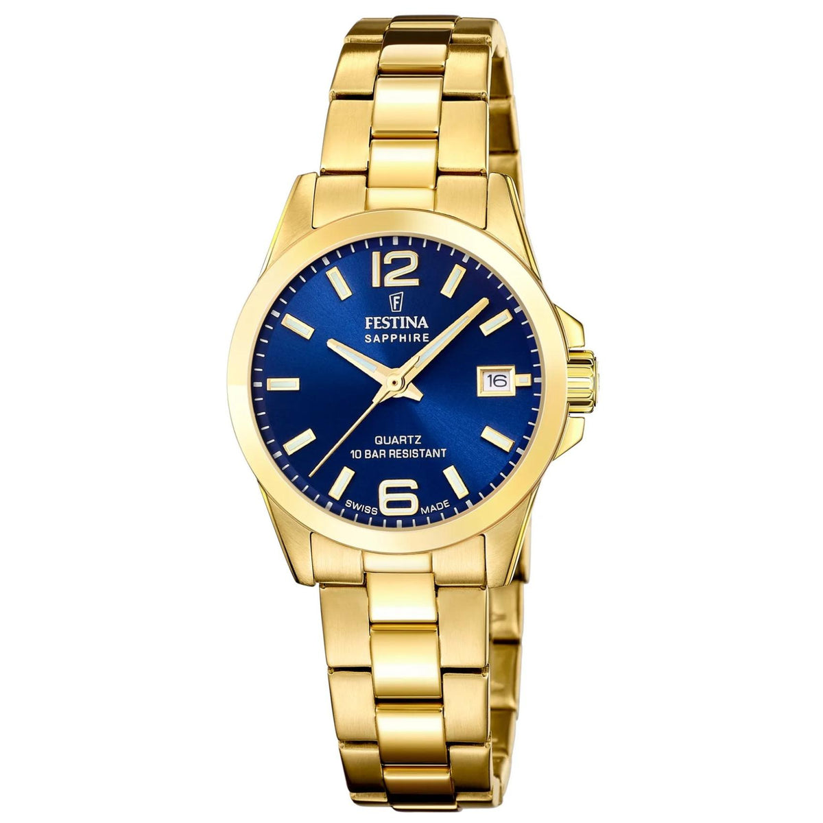 Γυναικείο ρολόι Festina Classics F20050/3 με χρυσό μπρασελέ και μπλε καντράν