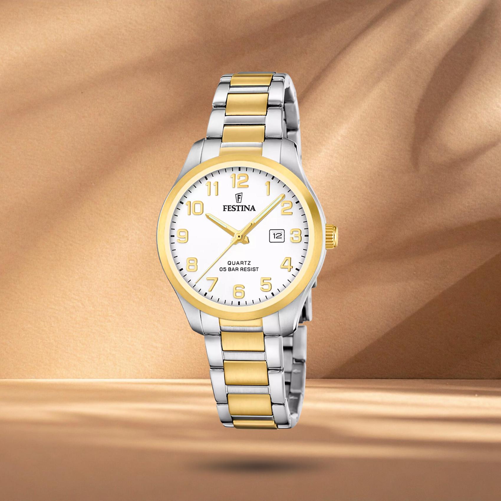 Γυναικείο ρολόι Festina Classics F20739/1 με ασημί-χρυσό μπρασελέ, λευκό καντράν 34mm, ημερομηνία