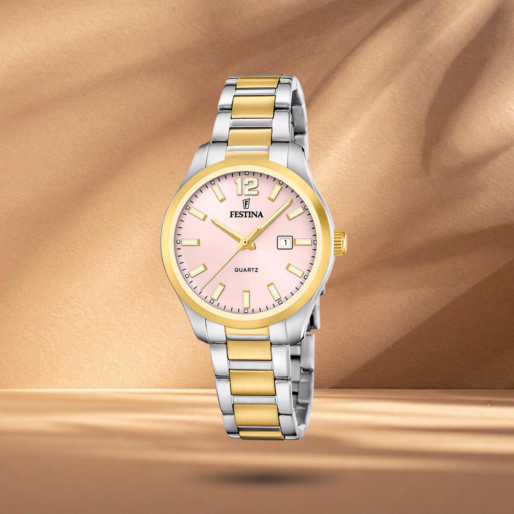 Γυναικείο ρολόι Festina Classics F20739/2 με ασημί-χρυσό μπρασελέ, ροζ καντράν 34mm, ημερομηνία
