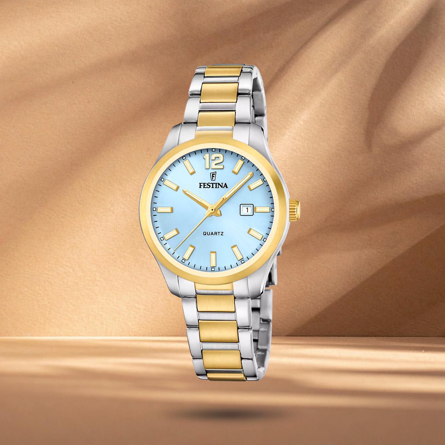 Γυναικείο ρολόι Festina Classics F20739/3 με ασημί-χρυσό μπρασελέ, γαλάζιο καντράν 34mm, ημερομηνία