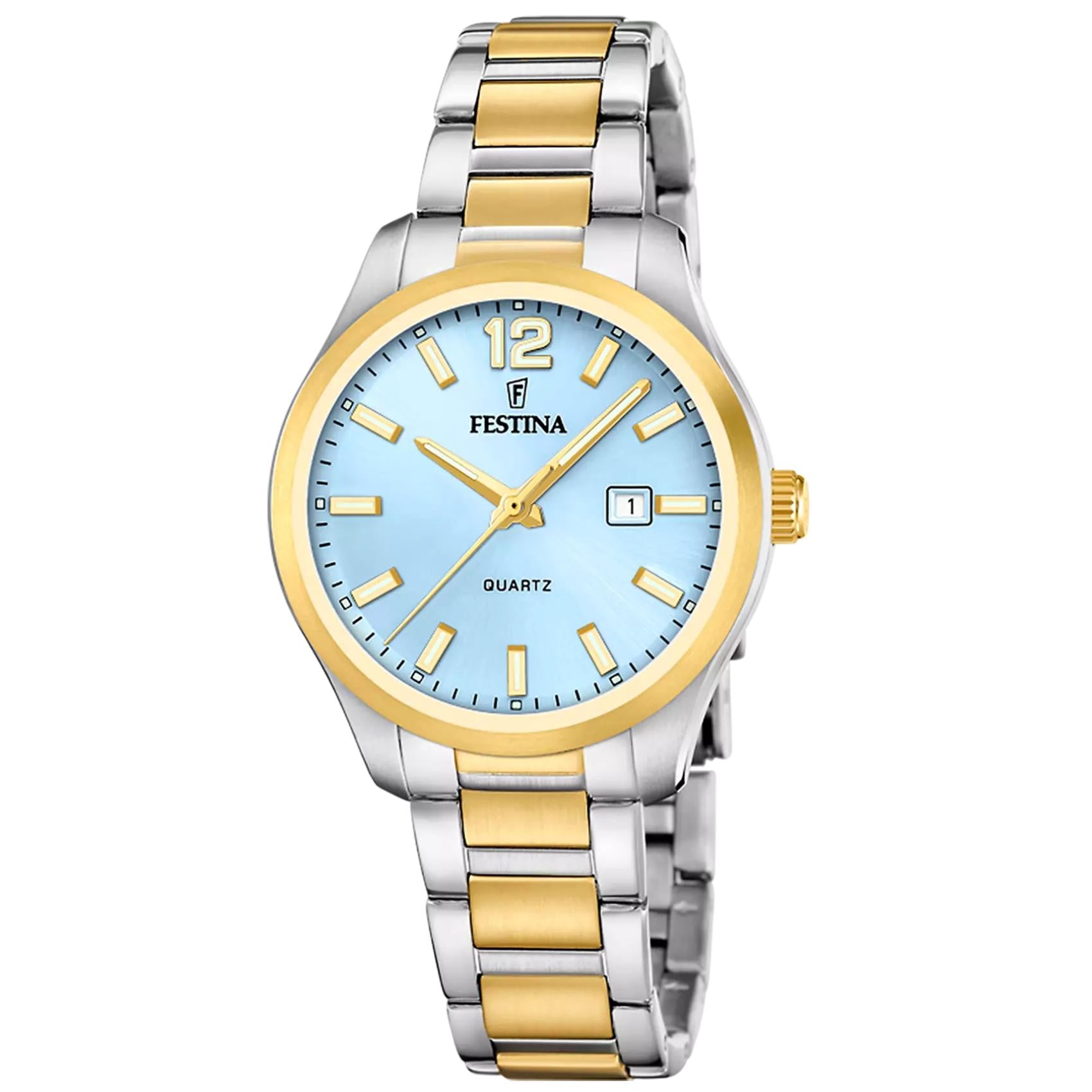 Γυναικείο ρολόι Festina Classics F20739/3 με ασημί-χρυσό μπρασελέ και γαλάζιο καντράν