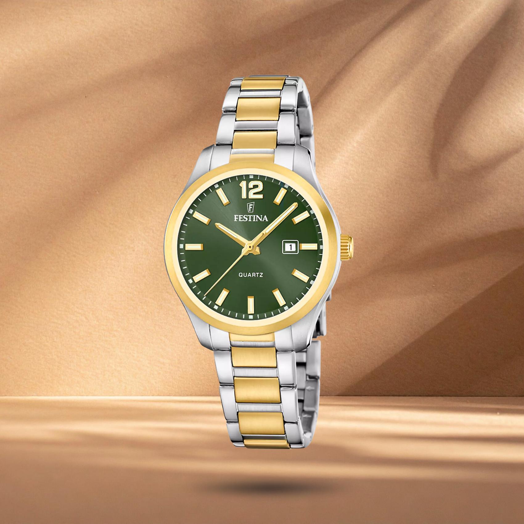 Γυναικείο ρολόι Festina Classics F20739/4 με ασημί-χρυσό μπρασελέ, πράσινο καντράν 34mm, ημερομηνία