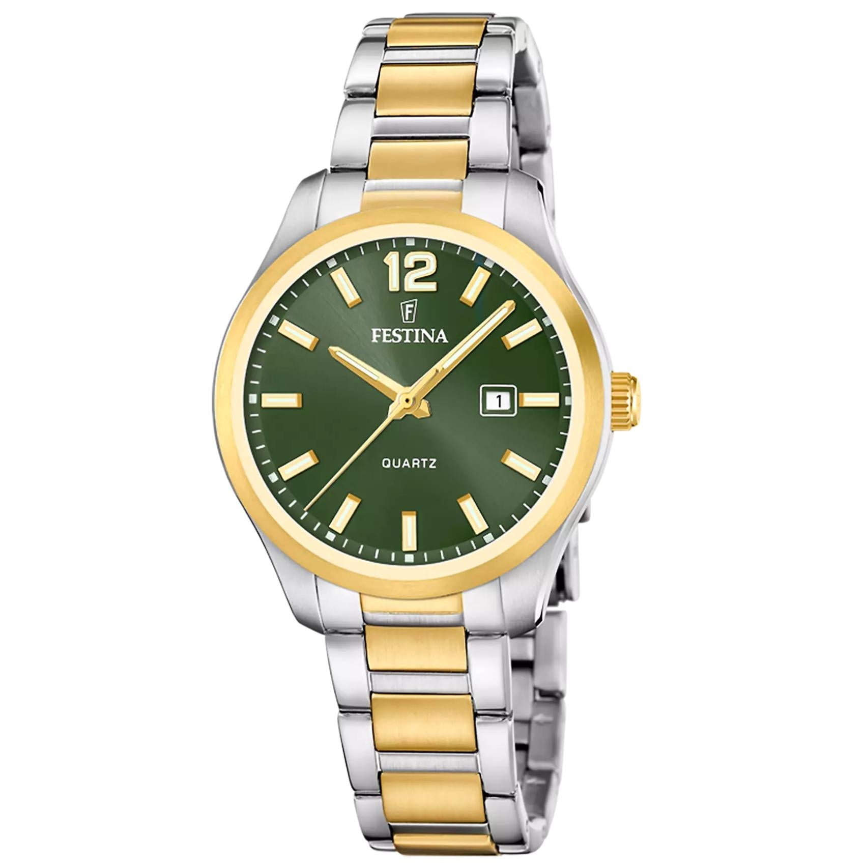 Γυναικείο ρολόι Festina Classics F20739/4 με ασημί-χρυσό μπρασελέ και πράσινο καντράν
