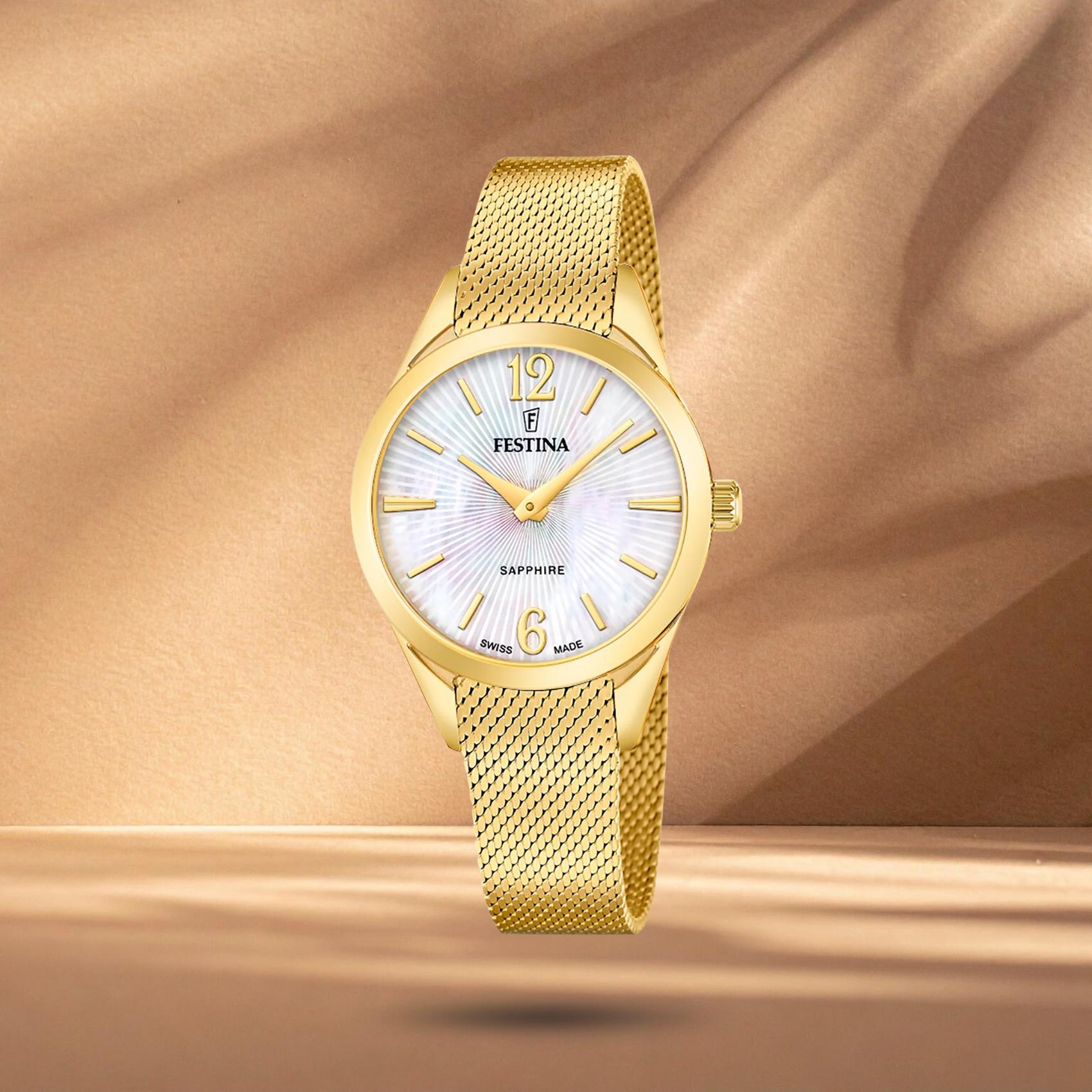 Γυναικείο ρολόι Festina Grace F20077/1 με χρυσό μπρασελέ, λευκό φίλντισι καντράν 32mm