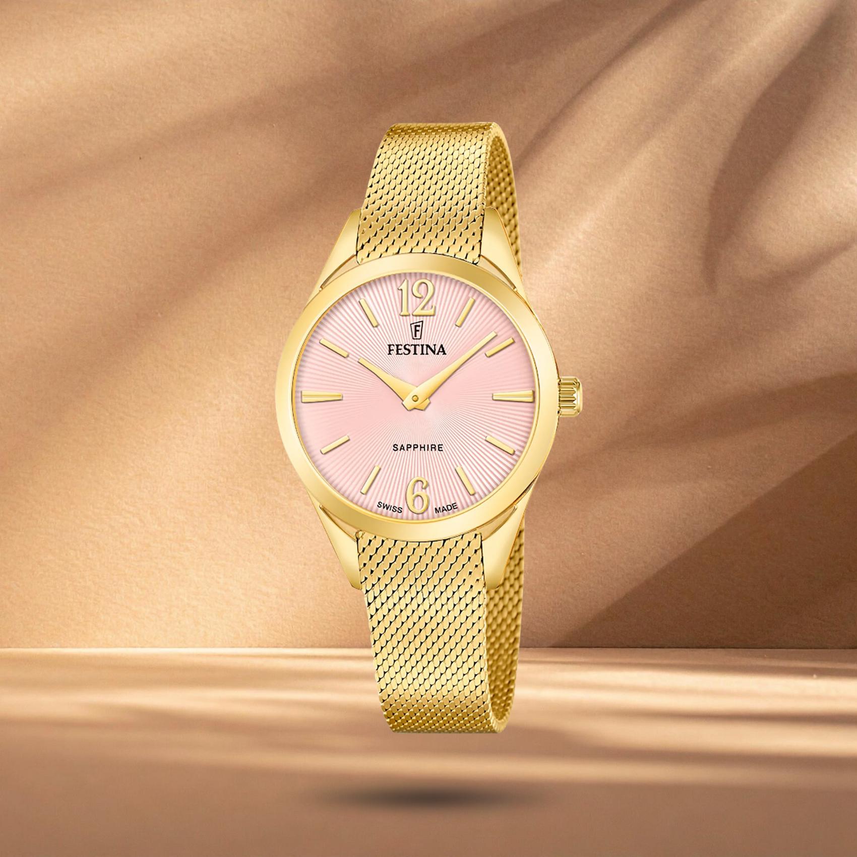 Γυναικείο ρολόι Festina Grace F20077/2 με χρυσό μπρασελέ, ροζ καντράν 32mm