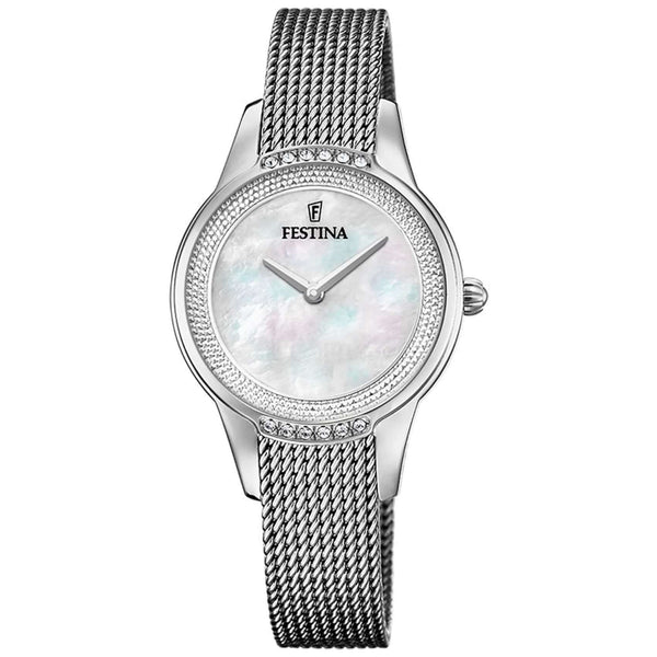 Γυναικείο ρολόι Festina Mademoiselle F20494/4 με ατσάλινο μπρασελέ, λευκό φίλντισι καντράν με ζιργκόν και ασημί δείκτες.