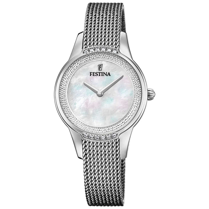 Γυναικείο ρολόι Festina Mademoiselle F20494/4 με ατσάλινο μπρασελέ, λευκό φίλντισι καντράν με ζιργκόν και ασημί δείκτες.