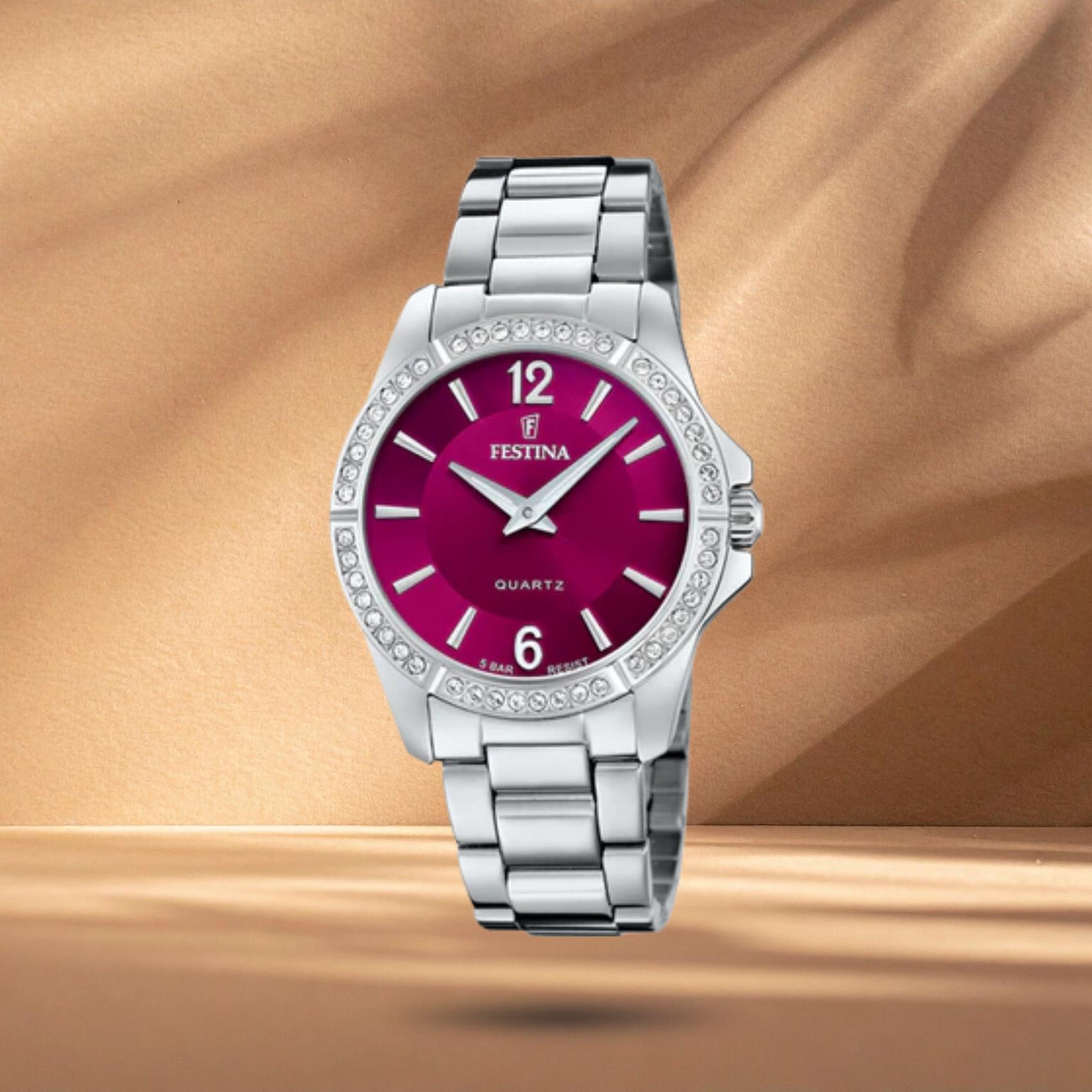 Γυναικείο ρολόι Festina Mademoiselle F20593/2 με ασημί μπρασελέ, κόκκινο καντράν 34.5mm, στεφάνη με ζιργκόν.