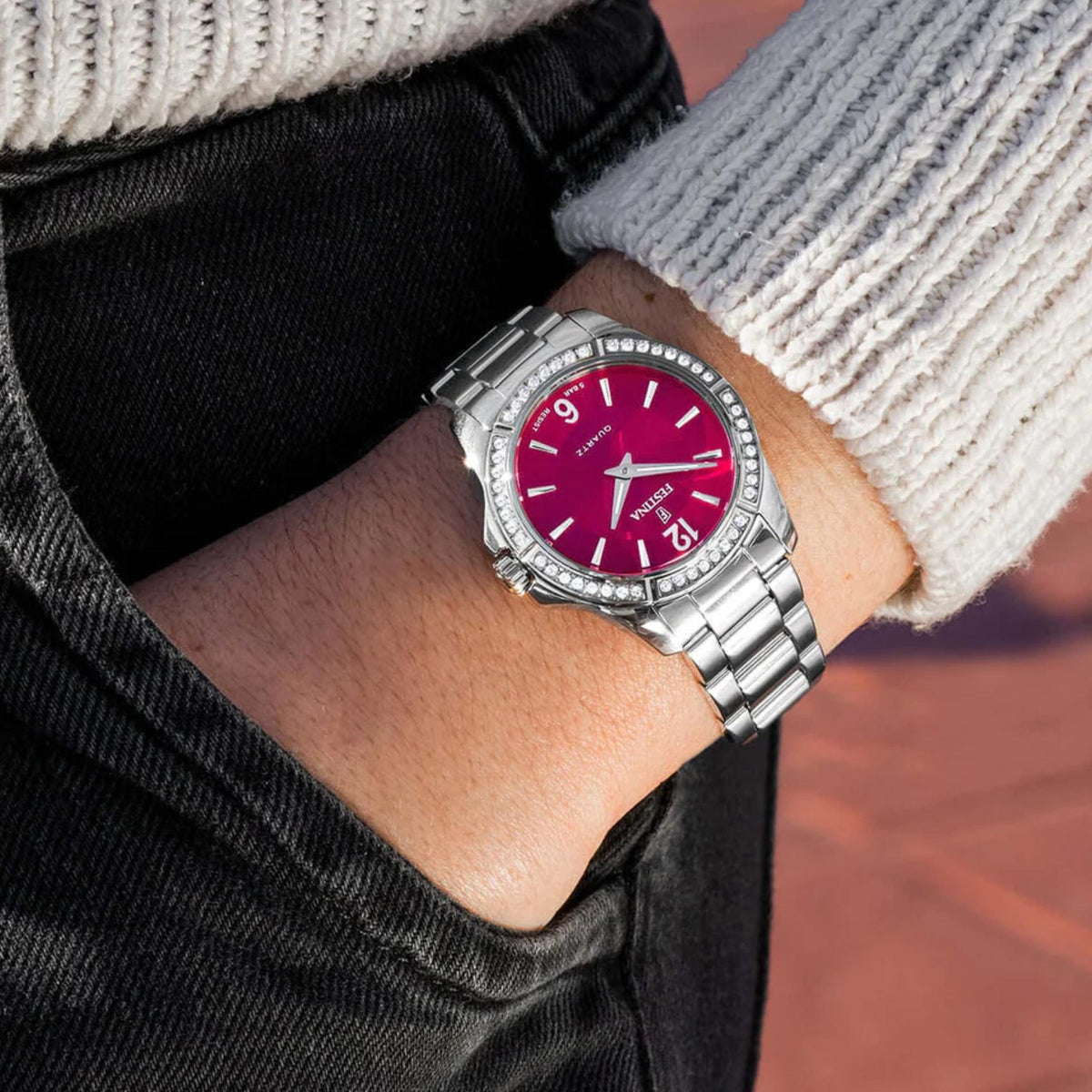 Ρολόι Festina Mademoiselle F20593/2 Με Ασημί Μπρασελέ & Κόκκινο Καντράν