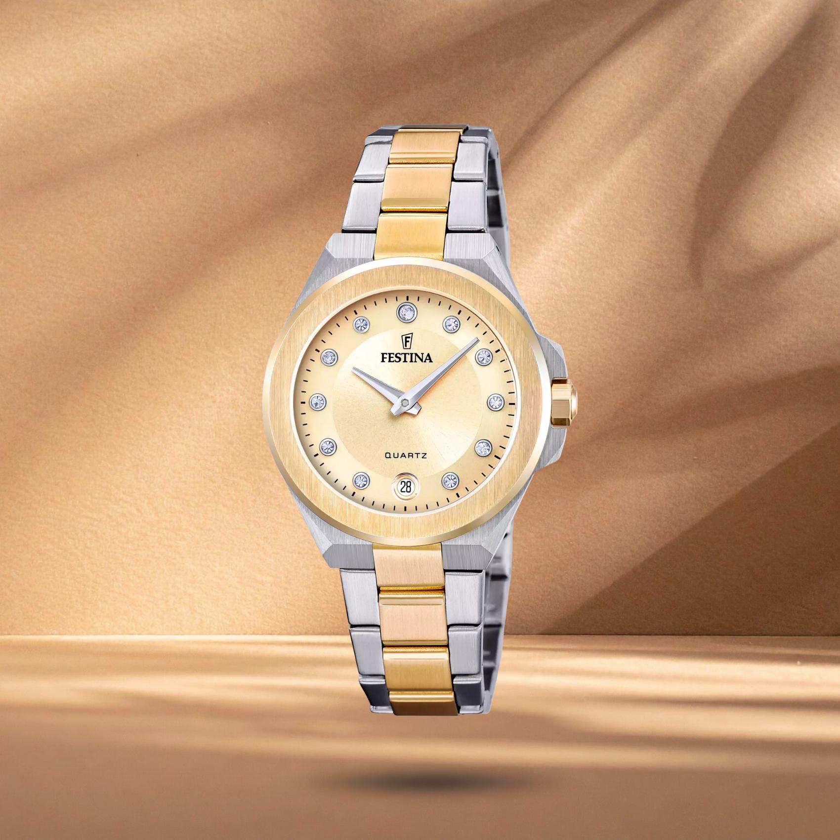 Γυναικείο ρολόι Festina Mademoiselle F20702/2 με ασημί-χρυσό μπρασελέ, χρυσό καντράν 33mm με ζιργκόν, ημερομηνία