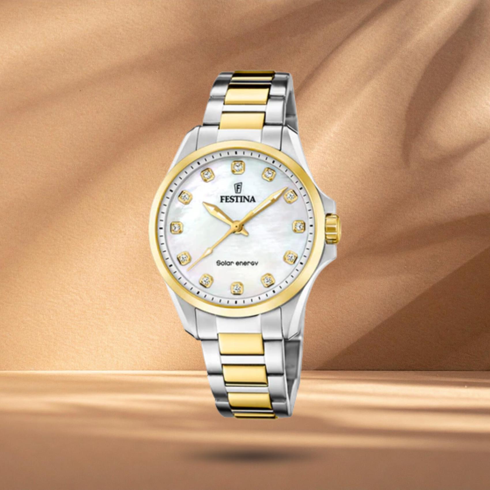 Γυναικείο ρολόι Festina Solar Energy F20655/1 με ασημί-χρυσό μπρασελέ, λευκό φίλντισι καντράν 34mm με ζιργκόν
