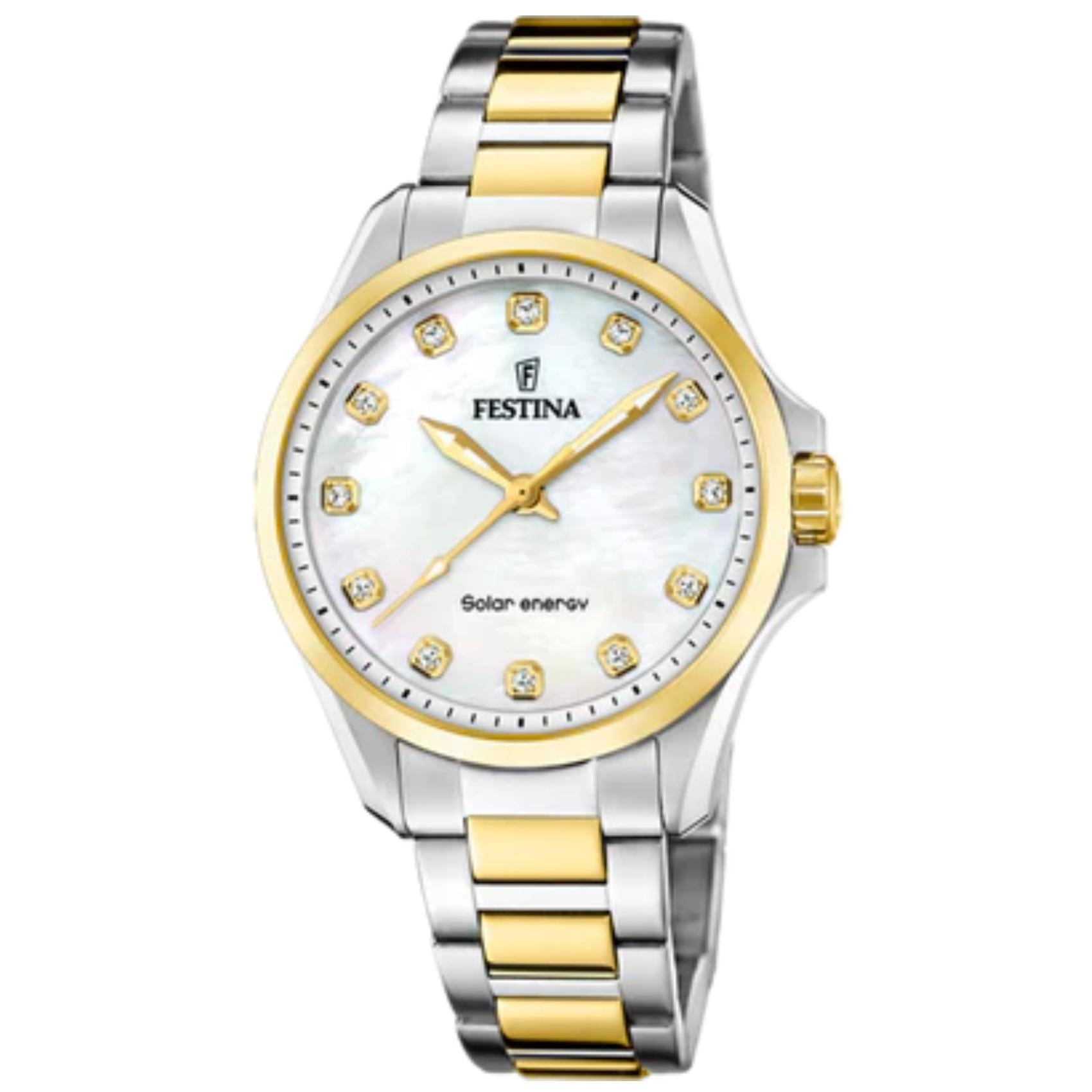 Γυναικείο ρολόι Festina Solar Energy F20655/1 με ασημί-χρυσό μπρασελέ και λευκό φίλντισι καντράν