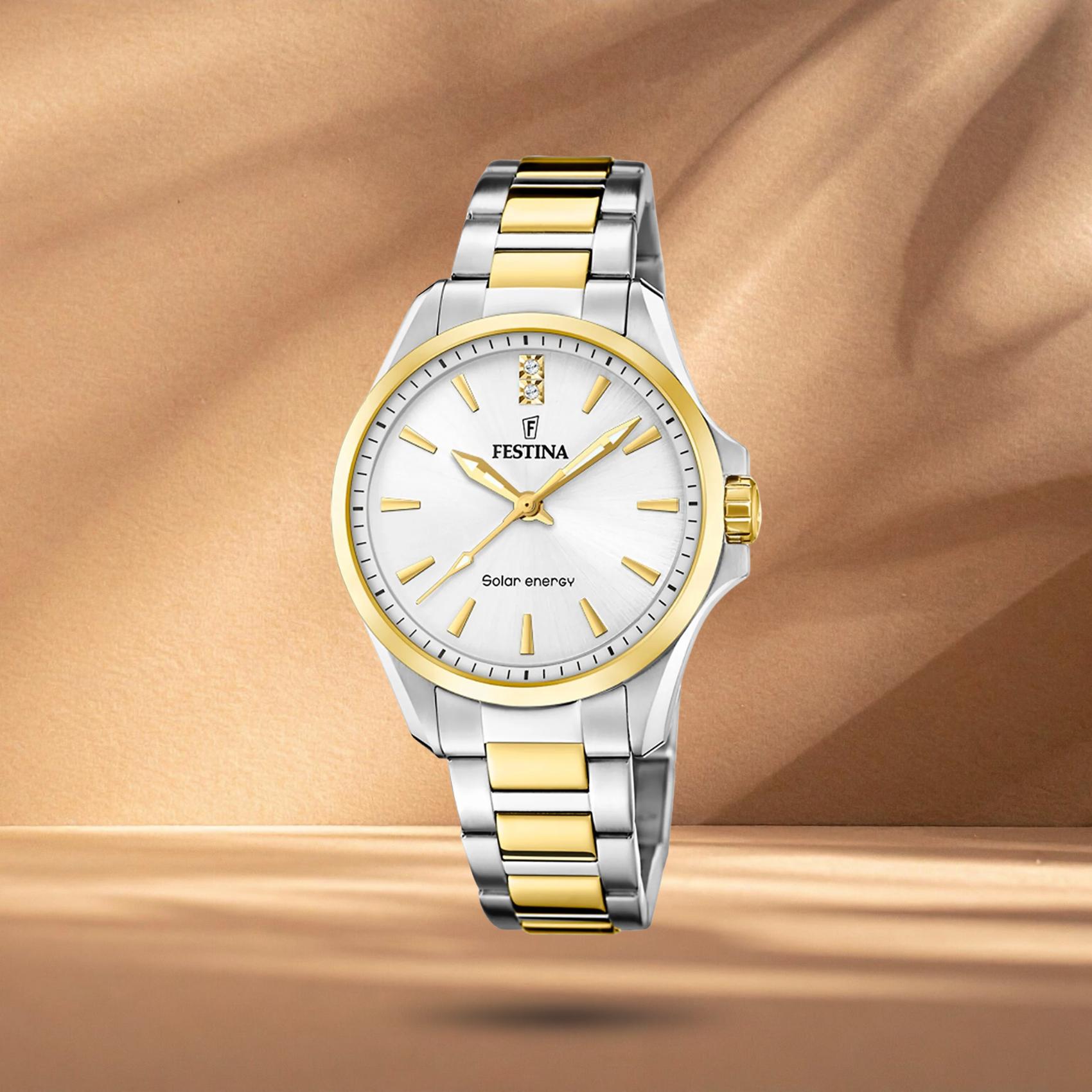 Γυναικείο ρολόι Festina Solar Energy F20655/2 με ασημί-χρυσό μπρασελέ, λευκό καντράν 34mm
