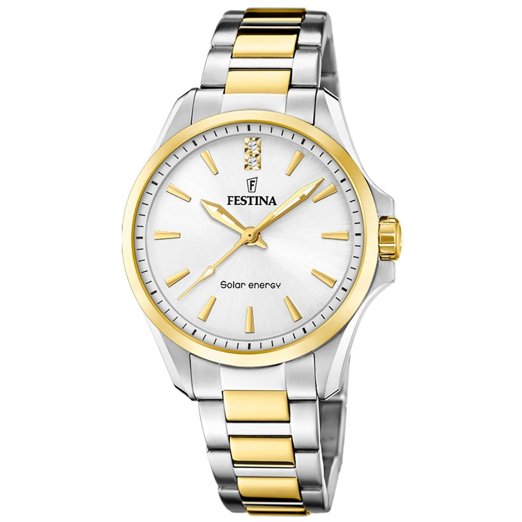 Γυναικείο ρολόι Festina Solar Energy F20655/2 με ασημί-χρυσό μπρασελέ και λευκό καντράν
