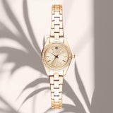 Ρολόι Gant Fairhaven Bijou G194104 με ατσάλινο μπρασελέ σε χρυσό χρώμα και χρυσό καντράν διαμέτρου 22mm διακοσμημένο με ζιργκόν, σε φόντο.