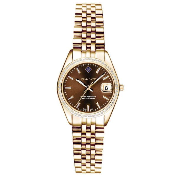 Γυναικείο ρολόι Gant Sussex Mini Bijou G181103 με χρυσό μπρασελέ και καφέ καντράν 28mm με ζιργκόν. 