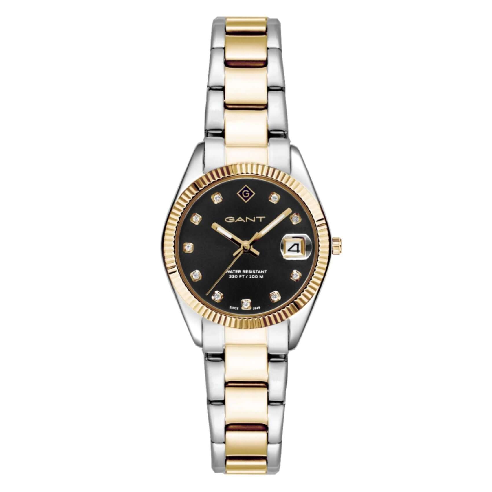 Γυναικείο ρολόι Gant Sussex Mini Stones G181018 με δίχρωμο ασημί-χρυσό ατσάλινο μπρασελέ και μαύρο καντράν 28mm με ζιργκόν.