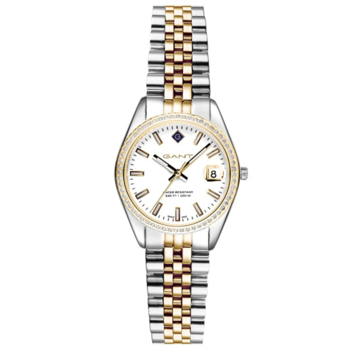 Γυναικείο ρολόι Gant Sussex Mini Bijou G181102 με δίχρωμο ατσάλινο μπρασελέ σε ασημί-χρυσό, λευκό καντράν 28mm και λαμπερά ζιργκόν, αδιάβροχο 10ATM κατάλληλο για κολύμβηση