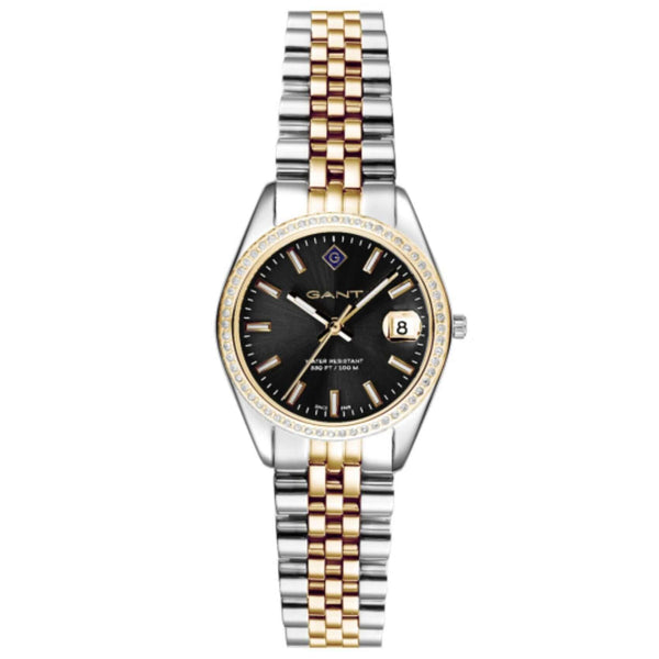 Γυναικείο ρολόι Gant Sussex Mini Bijou G181106 με δίχρωμο ασημί-χρυσό μπρασελέ, μαύρο καντράν 28mm και διακόσμηση με ζιργκόν, αδιάβροχο 10ATM