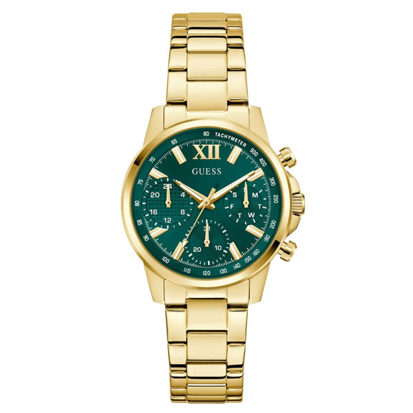 Γυναικείο ρολόι Guess Bailey GW0933L6 με χρυσό μπρασελέ από ανακυκλωμένο ανοξείδωτο ατσάλι, πράσινο καντράν διαμέτρου 36mm και χρυσές λεπτομέρειες.