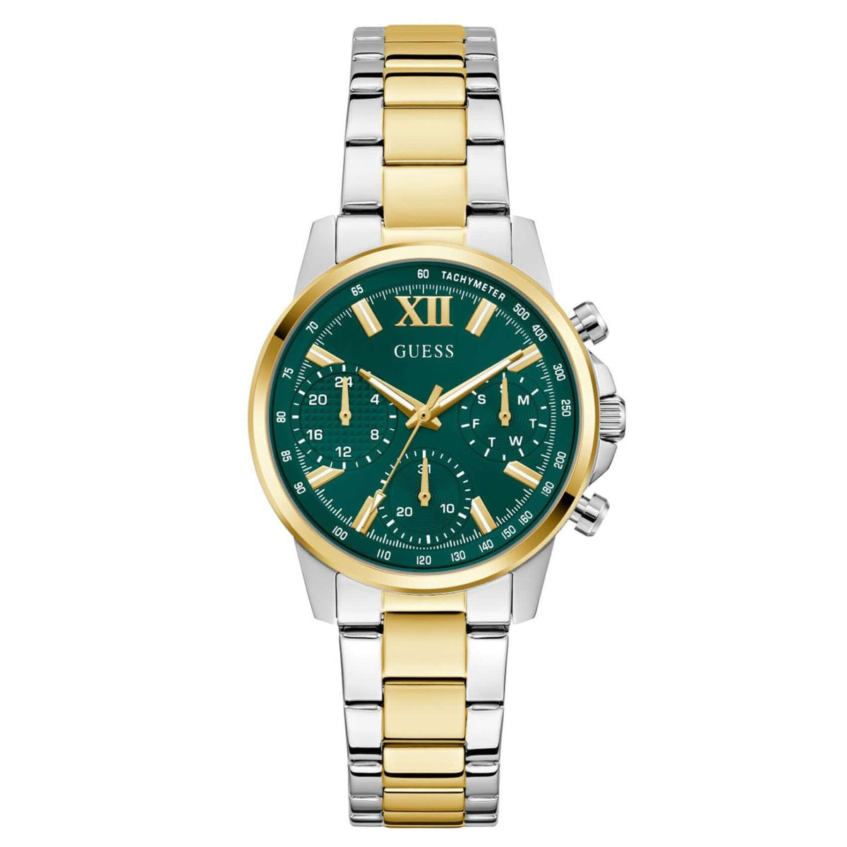 Γυναικείο ρολόι Guess Bailey GW0933L7 με δίχρωμο μπρασελέ από ανακυκλωμένο ανοξείδωτο ατσάλι σε ασημί και χρυσό χρώμα, πράσινο καντράν διαμέτρου 36mm και χρυσές λεπτομέρειες.